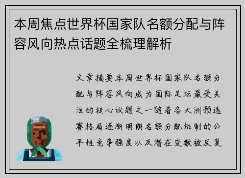 本周焦点世界杯国家队名额分配与阵容风向热点话题全梳理解析 本周焦点世界杯国家队名额分配与阵容风向热点话题全梳理解析